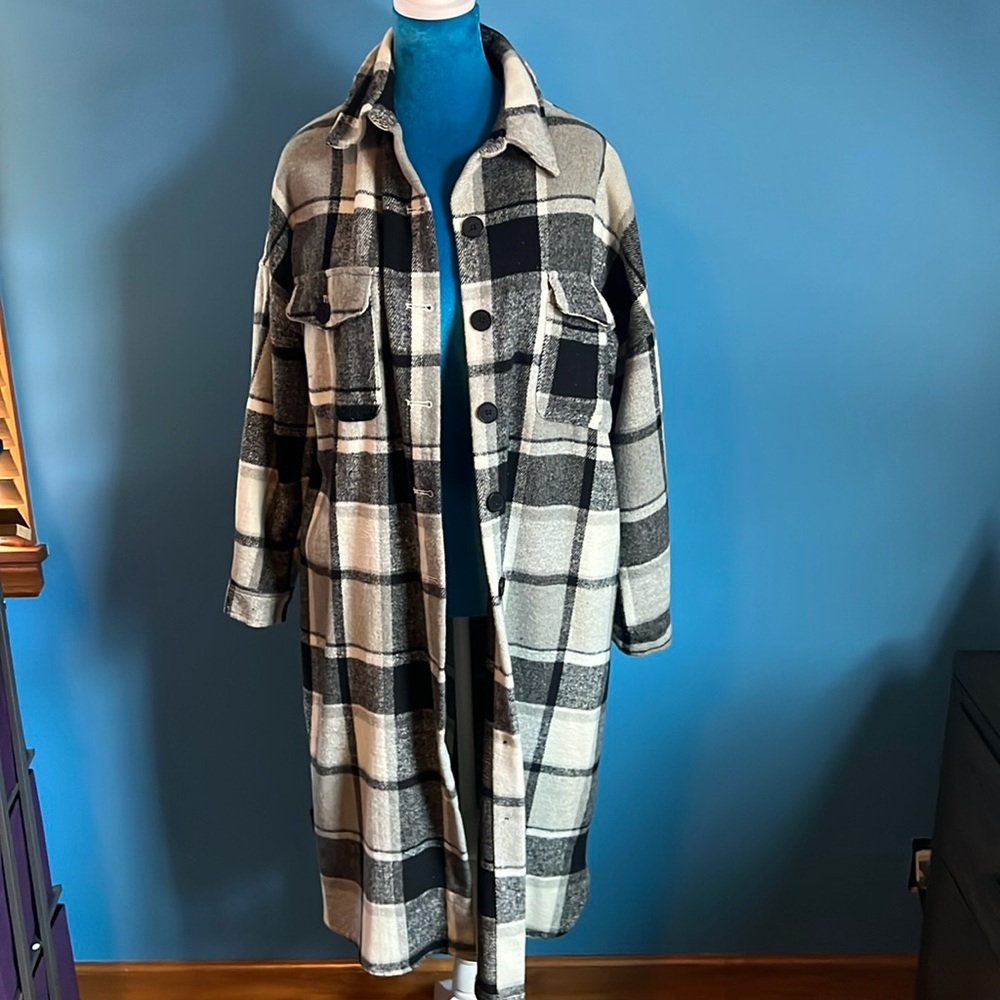 Black & Grey Plaid Maxi Jacket